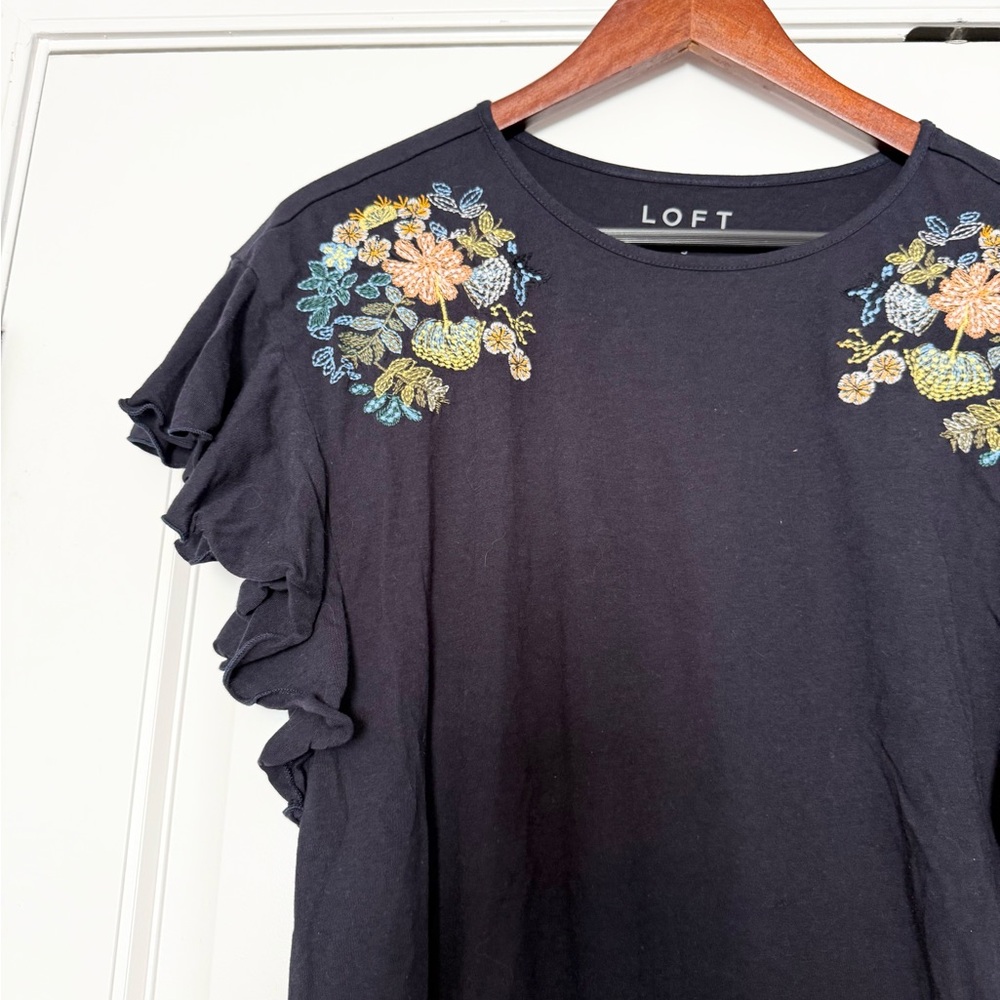 LOFT Floral Embroidered Ruffle Shoulder Tee - Picture 5 of 6